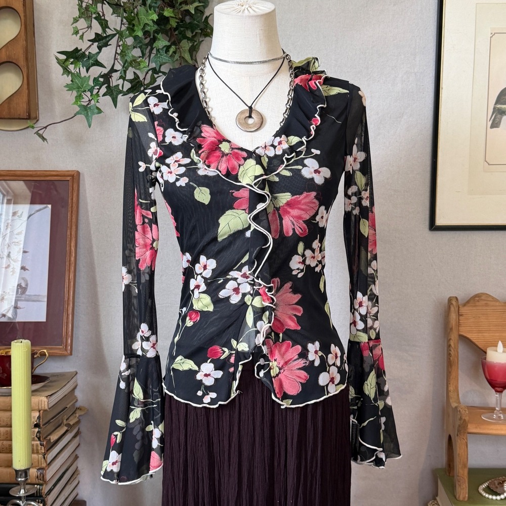 Black Floral Ruffle Sheer Micro Mesh Top Fairycore Y2K Whimsy S Dark Romantic
